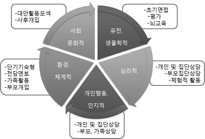 독해소유지를위한일정기간의사후관리서비스의개입은필수적이다. 지금까지설명한개입방법을생물심리사회적모델에따라구성하면다음그림3의내용과같다. 즉, 유전, 생물학적인부분은초기면접및평가에서건강의문제와약물치료여부의확인을통해개입시고려하고, 집단상담과부모교육에서인터넷중독으로인한뇌의폐해에대해강조하여언급하고있다.