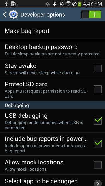 4-1-3 Android 장치개발자옵션설정 1. Settings 를선택합니다. 2. Developer options 를선택합니다. 3. USB debugging 을활성화합니다. 4.