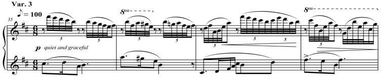132 피아노음악연구 [ 악보 9] 제 2 악장의제 3 변주 (35-38 마디 ) 주제선율 [ 악보 10] 제 2 악장의제 4 변주 (58-63 마디와 76-78 마디 ) 제 4변주는다섯개의변주들중가장빠르고긴구성으로,