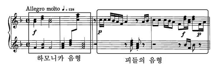 화성적인하모니카음형과선율적인피들의음형은각각 f 와 p 의대조적인다이나믹으로등장하여더욱서로다른악기소리와같이구분되는데, 두악기를묘사한두개의아이디어는곡의곳곳에응용되어등장한다.