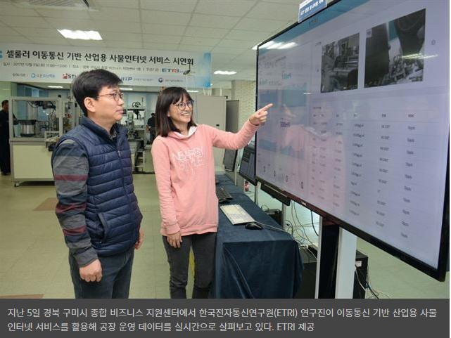 무선충전인프라등 무선으로생산설비원격조정하는스마트공장 한국전자통신연구원 (ETRI) 은이동통신기술을스마트공장생산자동화시스템에적용해 산업용사물인터넷서비스시연에성공했다고 6 일밝혔다. 공장과같은산업현장에서는주로유선통신기술이쓰여왔다. 유선통신은전달되는 정보가왜곡되거나잘못되는경우가적다는장점이있지만, 이동작업에는적합하지 않았다.