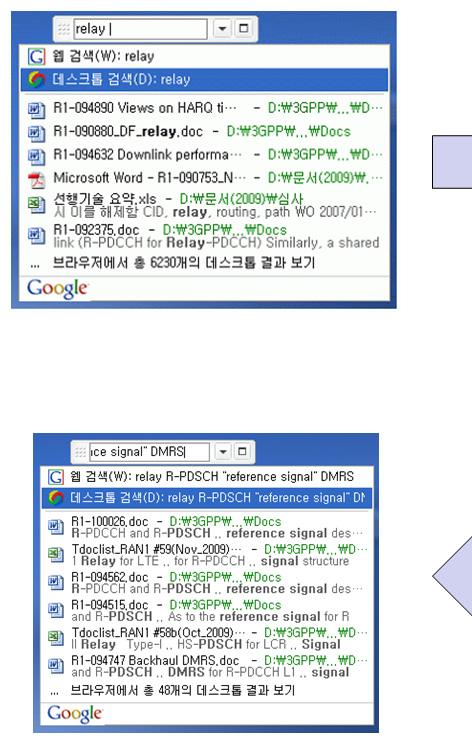 5.2. 구글데스크톱을이용한검색방법 [ 그림 38] 이동식데스크바에서의검색어추가에따라검색결과 [ 그림 38] 에서보듯이, 구글데스크톱환경설정메뉴에서 입력할때동시에구글데스크톱결과표시하기ˮ