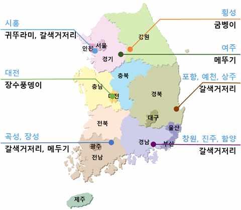 농업회사법인그린인섹 ( 전라남도장성 ): 갈색거저리 농업회사법인삼수원 ( 경상남도함양 ) 갈색거저리 농업회사법인한진팜 ( 주 )( 경기도시흥시 ): 귀뚜라미 한국식용곤충협동조합 ( 강원도횡성군 ): 흰점박이꽃무지, 갈색거저리 2) 또한본사업단에서는전국 12 개시 ( 곡성, 장 성, 시흥, 여주, 창원, 진주, 함양, 포항, 울산, 경주, 예천, 상주등 )