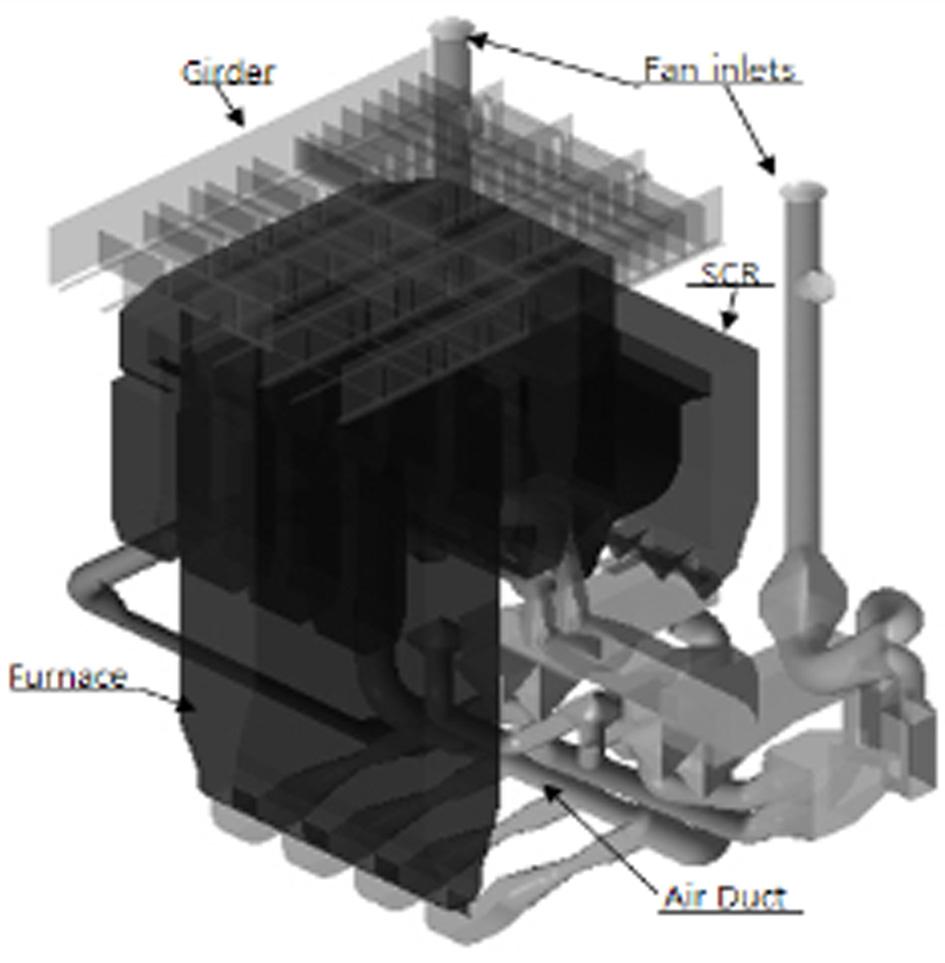 7 m의구조로빌딩내부의화로 (Furnace) 하부부근에 Air Duct 를비롯한배관들로인해밀집된복잡한구조를가지며, 상부에는 NOx 제거용 SCR을비롯하여거더 (Girder) 들이배치되어있으며 Fan을통해공기예열 기 (Air Pre-heater) 에필요한공기가흡입되어진다.