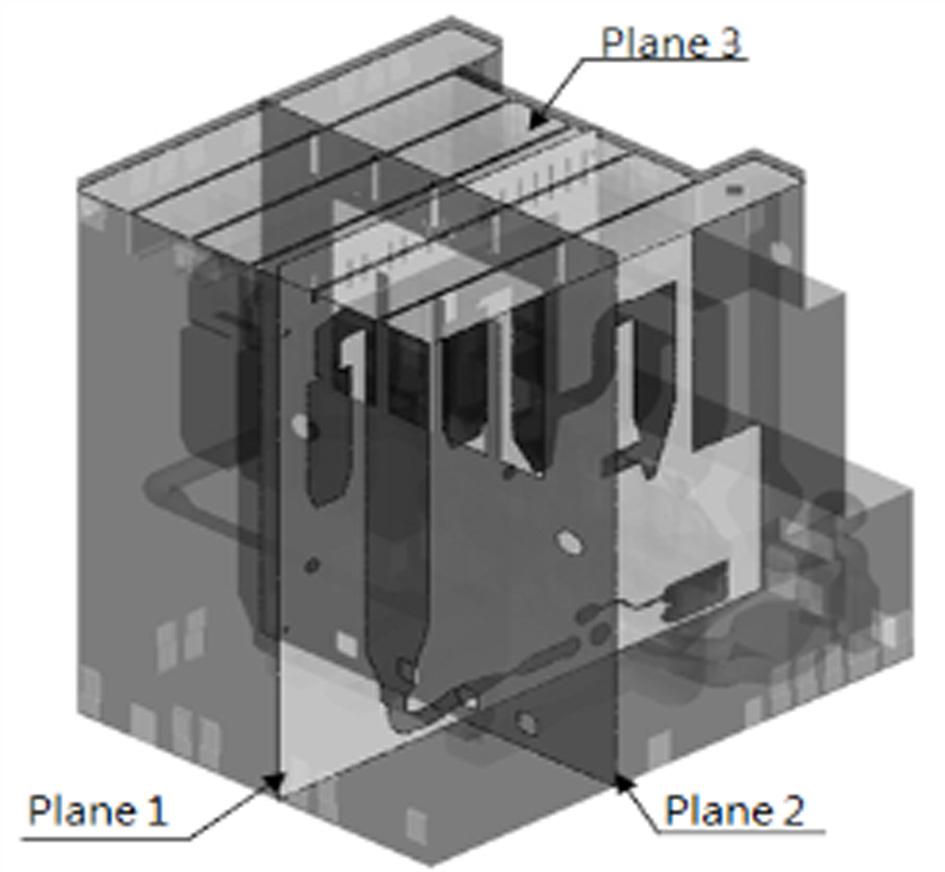 346 최훈기ㆍ유근종ㆍ이상헌 Figure 5. Temperature distribution on the optional section. Figure 6. Data acquisition sections 보일러빌딩내부는매우넓은영역이므로속도및온도분포를도출하기위하여임의의단면을설정하였으며 Figure 6는단면의위치를나타낸그림이다.