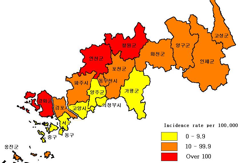 01 연도별말라리아확산추이 가. 1997 년말라리아발생의지리분포 나. 1998 년말라리아발생의지리분포 다.