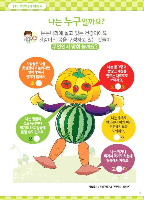 나는무슨맛이날까요? 3 쪽 교재에나와있는건강이를소개하고튼튼나라에살고있는건강이가무엇으로구성되어있는지이야기해보고각식품의맛이어떤지이야기해보고, 문제를풀어본다. 건강이의몸구성 : 호박, 토마토, 딸기, 오이, 가지, 수박, 치즈, 당근, 고구마 5가지식품군 ➀ 곡류군 : 우리가움직이는데필요한에너지를제공한다.