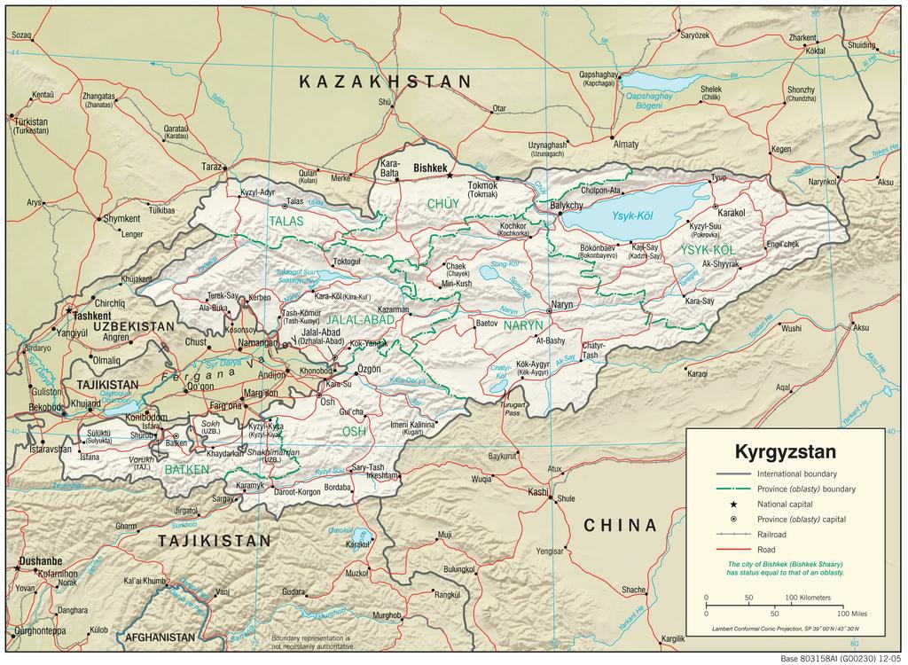자료원: CIA Ⅰ. 국가 일반 1. 국가 개요 가. 일반 사항 국명 키르기스스탄, 키르기스공화국(Kyrgyz Republic) 위치 아시아 대륙 중부/중앙아시아(중국, 카자흐스탄, 우즈베키스탄, 타지키스탄 접경) 면적 19만 9,951km²(대한민국: 9만 9,720 km²의 0.