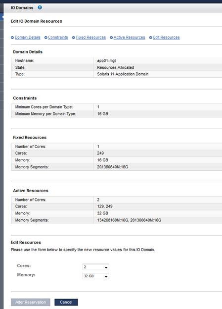 I/O 도메인 리소스 증가 또는 감소 Edit I/O Domain Resources(I/O 도메인 리소스 편집) 페이지가