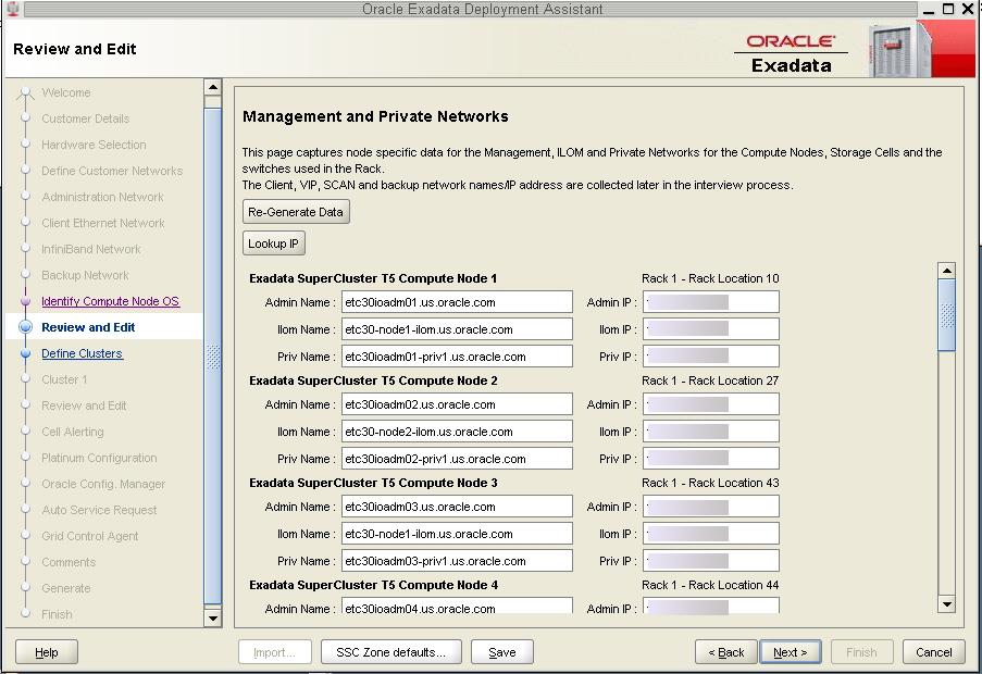 관리 및 개인 네트워크 페이지 검토 주 - Management and Private Networks(관리 및 개인 네트워크) 페이지에서 정보를 변경하 지 마십시오. Management and Private Networks(관리 및 개인 네트워크) 페이지에 다음 구성요소에 대한 관리 및 IB 네트워크 주소와 호스트 이름 정보가 표시됩니다.