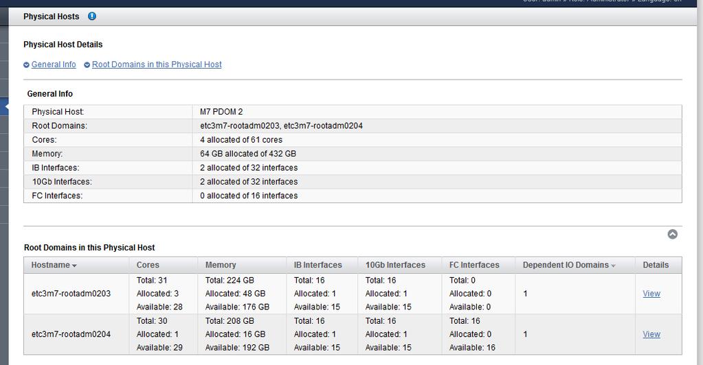 시스템 리소스 보기 루트 도메인별로 리소스를 확인할 수 있습니다. 이는 I/O 리소스 할당을 계획하는 데 유용합니 다. 4. (관리자만 해당) Details(세부정보) 열에서 View(보기)를 눌러 루트 도메인에 대한 리소스 세 부정보를 확인합니다.