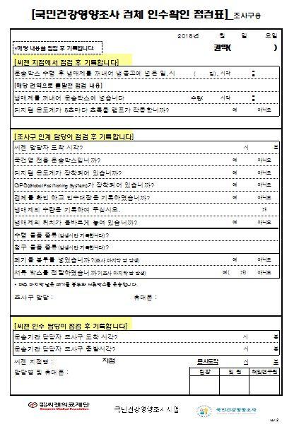 출내역을원활히흐르도록지원하는공급망수행한다. 검체인수확인점검표등의작성으로전반적인질관리유지한다. 그림 26. 정도관리점검표양식 ⑵ 운송 안전한포장 : 용기별모든검체는국민건강영양조사운송전용렉에넣어검체에가해질수있는충격을최소화한다.