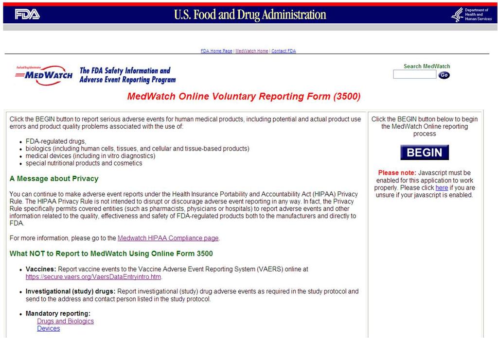 (3) Medwatch 프로그램 Medwatch 2) 는, 각종안전성정보를환자등이자발적으로 FDA로보고하도록하여수집된자료를 FDA가평가등에활용하는프로그램이다. MedWatch 홈페이지를통해 FDA로유해사례가온라인으로보고되며, 이것은 AERS 3) 로연계된다. 그림 2. 미국 FDA 의 MedWatch 의약품유해사례보고홈페이지 2.