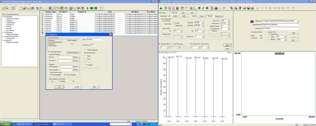 4) Sequence Seup 윈도우의아이콘중 Run sequence를이용하여데이터를수집 는 sample 1개분석시사용 는 sampe 2개이상분석시사용 시료를 run하게되면다음화면이뜨는데분석종료시기기 setting 상태를 설정해준다.