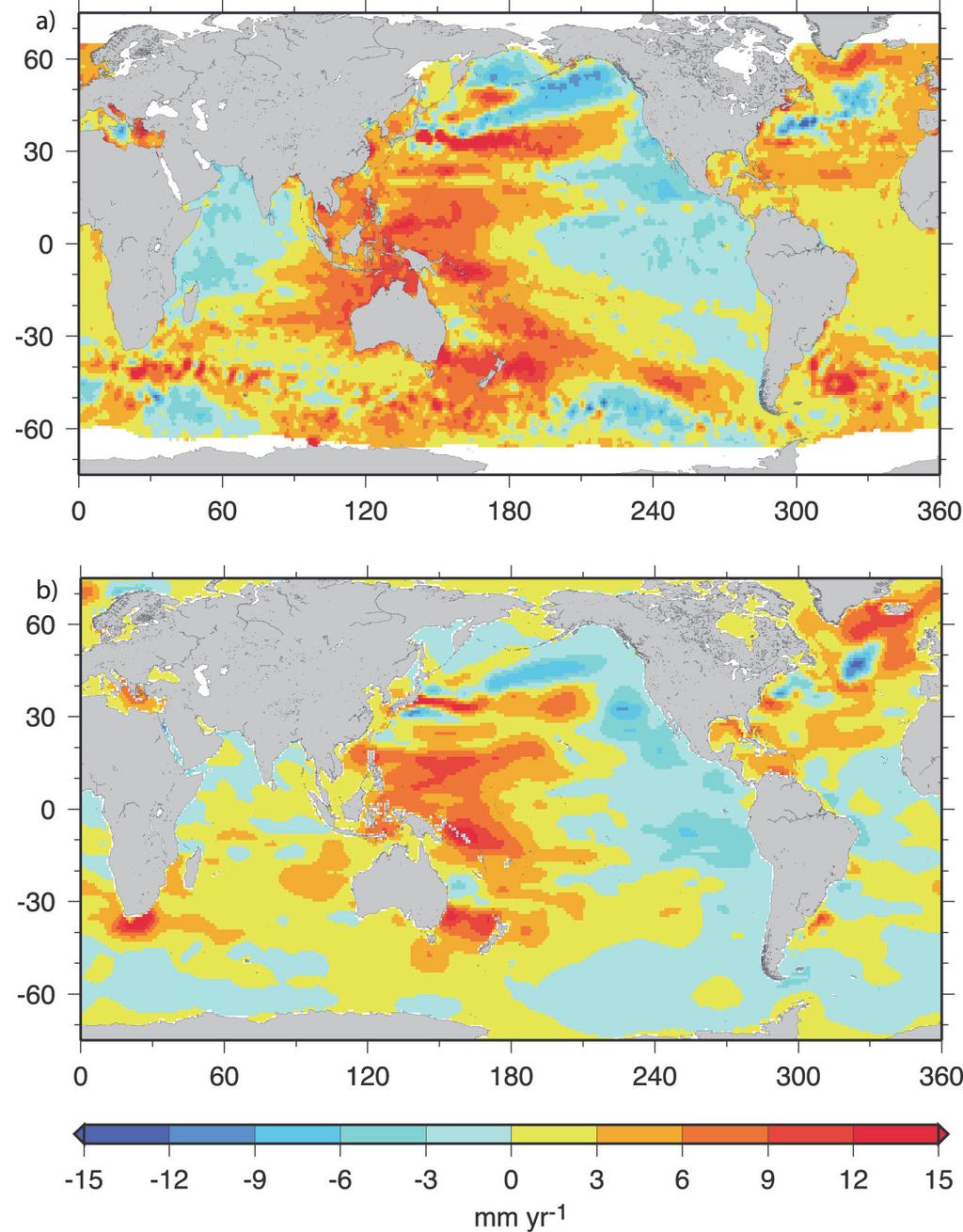 전체 해양에 대한 영향으로 수온상승에 따른 열용량의 증가와 순환계의 변화를 들 수 있다 해양에서의 열용량 증가는 급격해진 전지구적 물순환과 더불어 해양에 의해 기인된 악기상 빈도와 강도의 변동으로 나타날 가능성이 있다 황해에서부터 발달된 비구름에 의한 한반도의 국지적 폭우나 수퍼태풍 발생의 가능성이 제시되는 것은 이러한 변화에 근거한다 순환계의 변화는