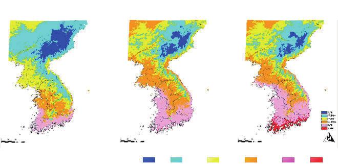 현재 2 상승 4 상승 자료 : 국립산림과학원 한대온대북부온대중부온대남부난대아열대 그림 상승온도별 한반도 식생대 변화 의 연구결과에 의하면 과거 수십 수백만년 전의 지질학적 시대에 수종의 이동속도는 년 동안에 약 인 것으로 밝혀지고 있지만 평균기온이 상승하면 중위도 지역의 경우 현재 기후대는 북쪽으로 약 고도는 위쪽으로 약 정도 이동하게 된다 따라서