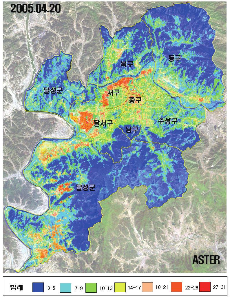 T = ATP / CC - CTS 여기서, T = Celsius temperature scale ATP = ASTER Thermal Infra Red Products (2B03) CC = Correction Constant (10) CTC = Celsius temperature