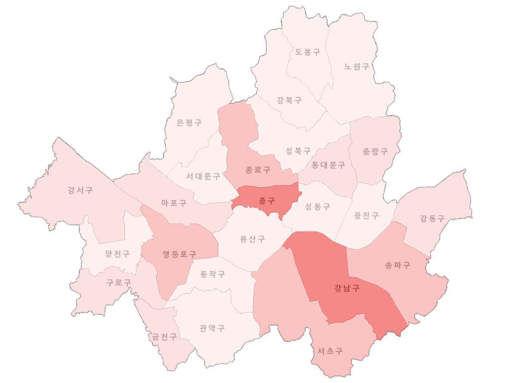 제 2 장국내외지역별기업가정신및창업생태계현황과사례분석 21 서울에는 81만개의사업체가존재하며구별사업체분포를통해중구와강남구지역에사업체들이가장많이집중되어있는것을알수있다. 이중에서도강남구는서울의창업생태계에서도허브역할을하고있는데, 이는 역삼스타트업밸리 라고도일컬어지는스타트업및지원기관집중지역을중심으로한다.