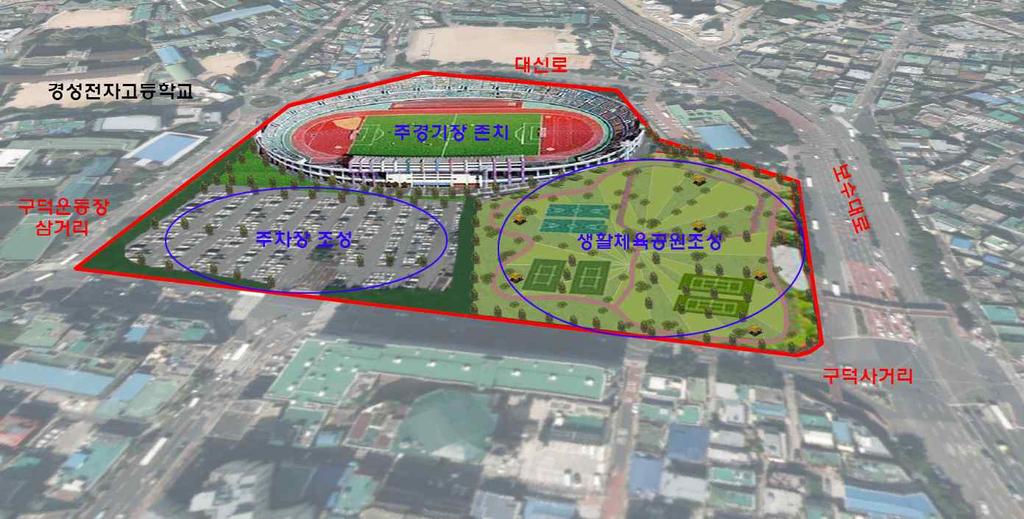 Ⅳ. 현안사항 1 시민친화적구덕운동장재개발 추진방향 역사성 상징성을최대한살리면서 향후시대변화와시민요구에대응할수있고 도시품격에맞는재창조가능공간으로리모델링 사업개요 위 치 : 서구서대신동 3 가 210-1 번지 규모 : 시민친화형생활체육공원조성 (35,643 m2 ) - 야구장 (42 년경과 ) 철거후생활체육공원조성 - 실내체육관 (44 년경과 )