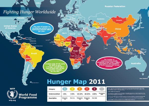 2011 세계배고픔정도를색으로나타낸표를보더라도인구증가에따른식량부족이얼마나심각한지알수있다. 점점누적되고있는육류소비에따른이러한문제들은 2050년경에는한계에도달할전망이다.