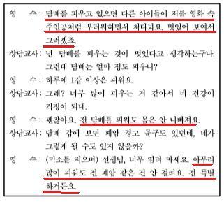 사례에서영수는, 담배를피우면아이들이저를영화속주인공처럼부러워하면서쳐다봐요, 멋있어보여서그러겠죠. 라고말하고있다. 개인적우화란, 청소년들이자신은특별하고독특한존재이므로자신의감정이나경험세계는다른사람과근본적으로다르다고믿는것으로무모한행동을해도자신은죽지않을것이라고믿는등의특성이다.