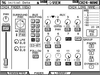(Channel Fader) Input Channel, Bus Out, Aux Send, Matrix Send Stereo Out Fader View. 1 DISPLAY ACCESS [VIEW] Fader View. 2 LAYER, [SEL].