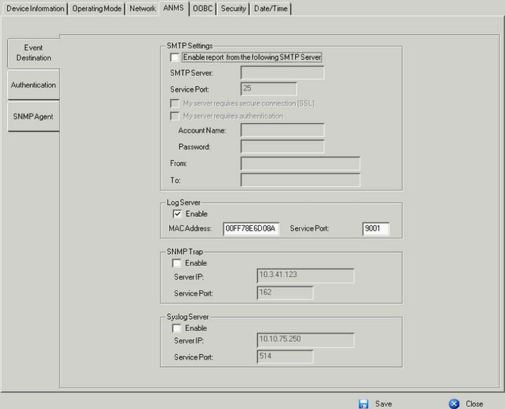 ANMS ANMS (Advanced Network Management Setting) 페이지는로그인권한및외부소스로부터승인관리를설정할수있습니다. 노트북에서두개의탭으로구성되어있습니다 각각연관된패널의시리즈에대한설명은아래와같습니다 : 이벤트설정 SMTP 설정 KVM over IP 스위치이메일보고서를 SMTP 서버에서작업자에게발송하기위해다음을실행하세요 : 1.