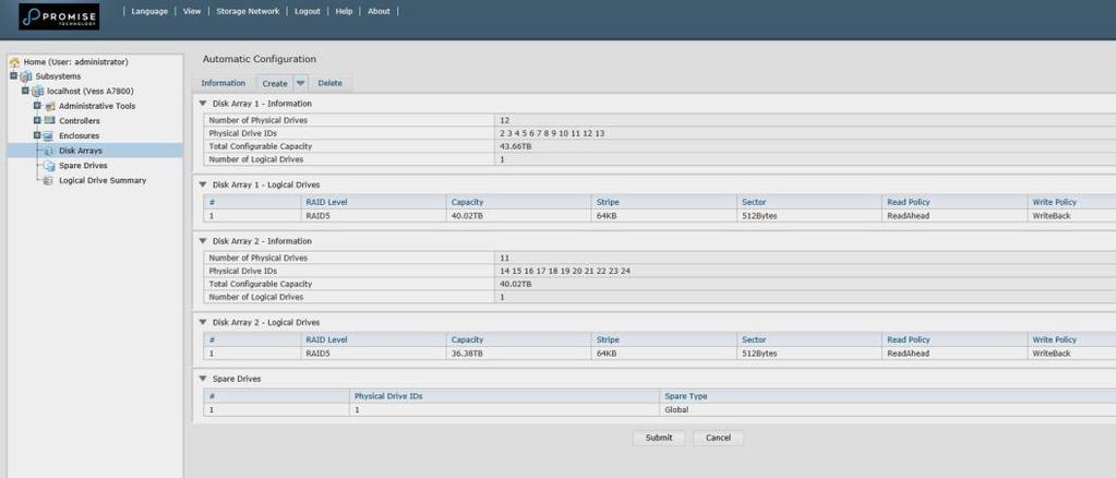 Promise Technology 빠른시작안내서 자동 Automatic Configuration 자동옵션을선택할경우, 다음과같은옵션이화면에나타납니다 : Disk Arrays ( 디스크어레이 ) 디스크어레이안의물리드라이브의수, 드라이버 ID 번호, 구성가능한용량및만들어질논리드라이브의수 Logical Drives ( 논리드라이브 ) 논리드라이브 ( 들 ) 의