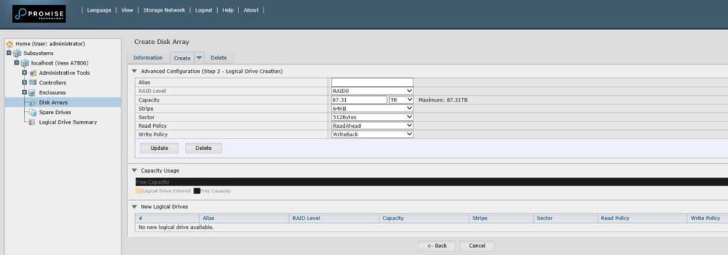 Promise Technology 빠른시작안내서 단계 2 논리드라이브생성 Logical Drive Creation 고급구성 Advanced Configuration ( 단계 1 논리드라이브생성 Step 1 Logical Drive Creation ) Alias 명칭 ( 선택적 ) : 화면상의빈칸에논리드라이브이름을입력하십시오.