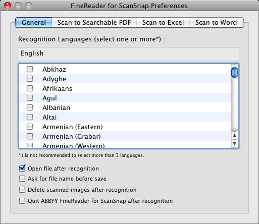 동작 (Mac OS 고객용 ) ABBYY FineReader for ScanSnap 설정윈도우에서 Word 또는 Excel 문서로변환시킬때설정을변경할수있습니다. [ 응용프로그램 ] [ABBYY FineReader for ScanSnap] [FineReader for ScanSnap Preferences] 를선택합니다.