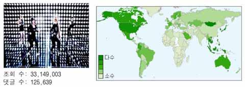 제 2 장세계음악산업현황과특성 37 에서 2NE1 의 < 내가제일잘나가 > 뮤직비디오는일본, 동남아, 호주, 미주지역에서많이시청한것으로나타났다. K팝은전세계적으로조회지역이뚜렷하게산재되어있다는점을알수있고, 시장세분화방안으로유튜브영상통계를유용하게활용할수있다. 더불어신흥및선진시장의특성을반영해 K팝팬층을차별적으로활용하는시장확산전략을구사해야한다고보고서는제시했다.