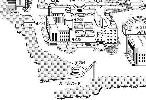 정문수위실 (Z1관) 205. 청록관 (A관) 206. 상록관 (B관) 207.