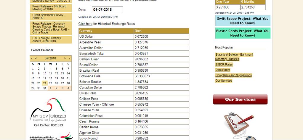 UAE 중앙은행공식환율공시페이지 자료원 : UAE 중앙은행 - UAE 중앙은행공식환율페이지 : https://www.centralbank.ae/en/index.php?option=com_jumi&fileid=61&itemid=59 나.