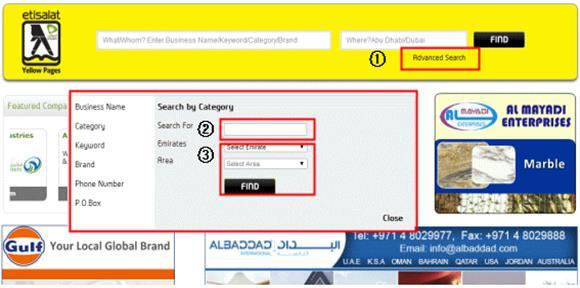 자료원 : 옐로우페이지 1 세부검색 (Advanced Search) 의경우, 위의홈페이지에서빠른검색메뉴하단의 Advanced Search 클릭 2 세부검색창에기업명 (Business Name), 업종분류 (Category), 특정검색어 (Keyword), 브랜드명 (Brand), 전화번호 (Phone Number), 우편번호 (P.O.