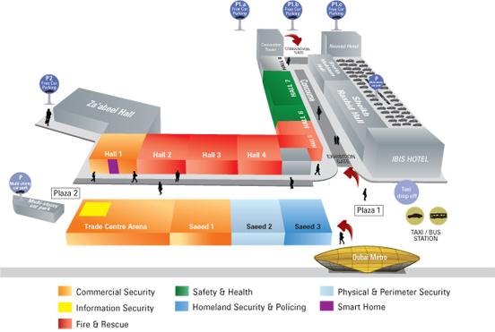 전화 +971-4-515-1460 웹사이트 장소 www.wetex.ae Dubai World Trade Centre 다. 주요전시장안내 두바이 두바이월드트레이드센터 (DWTC) 전시장평면도 자료원 : Intersec 두바이의대표전시장인두바이월드트레이드센터는공항과약 10km 떨어져있으며택시로 12분정도소요된다.