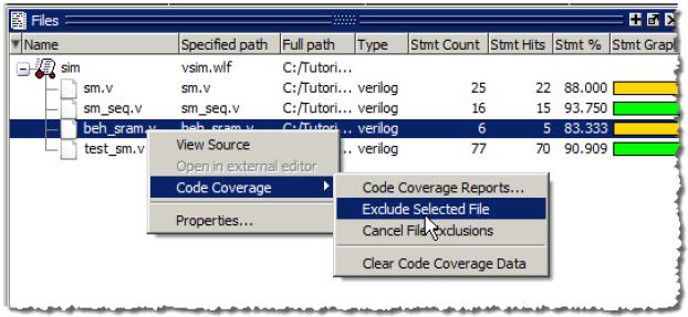 Figure 13-13. Excluding a File Using GUI Menus Exclude 를취소할경우마찬가지로오른쪽마우스버튼을클릭하여 Code Coverage > Cancel File Exclusions 를선택합니다.