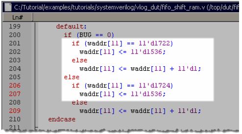Figure 15-17. Source Code for waddr[11] 7. 시뮬레이션종료하기. A. Command 에 quit sim 을입력합니다. Exploring Functional Coverage SystemVerilog 의 functional coverage 기능을사용하면유저분이만든디자인의 functional level 을확인할수있습니다. 1. 다시 interleaver 로드하기.