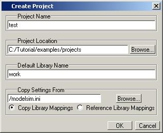 A. 메인메뉴에서 File>New>Project 를선택합니다. 메뉴를선택하면 Create Project 창이열립니다. 이창에서유저분은 Project name, Project Location-directory, default library name, Modelsim/Questa 설정파일인.ini 파 일등을지정할수있습니다. B.