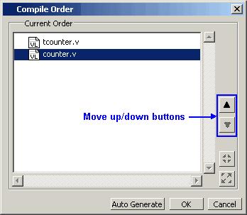 Figure 4-5. Compile Order Dialog Box C. 순서를 counter, tcounter 순서로지정하고 OK 버튼을클릭합니다. Compile the Design 1. File Compile 하기 A. Project 윈도우에서마우스오른쪽버튼을클릭하고 Compile>Compile All 을클릭합니 다.