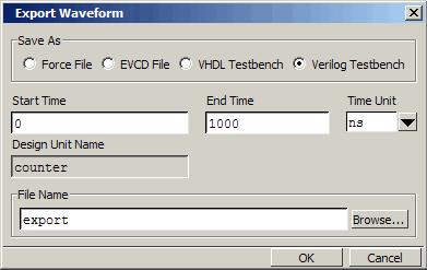 B. Save as 부분을 VHDL Test bench 혹은 Verilog Test bench 를선택합니다. C. End Time 부분은 1000 을입력합니다. D. File Name 에는 export 를입력하고 OK 버튼을클릭합니다. Figure 8-12.