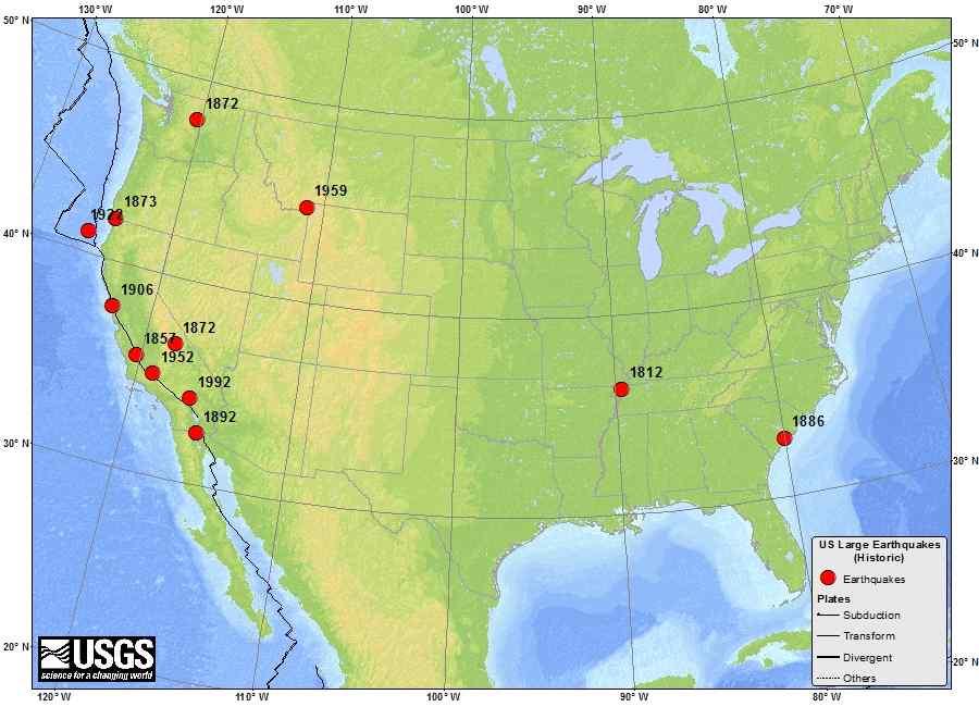 지진방재연구원설립필요성 02 계기지진관측에의한미국내의최대지진규모는미국의서부인샌안드레아스단층에서발생한 1857년지진으로규모 7.9로확인되며미국계기지진규모로는최대의규모를보임 미국에서발생한 10대지진목록 번호 발생지역 발생시기 규모 비고 1 Cascadia 섭입대지역 1700 9.0 역사지진 2 Califonia 1857 7.