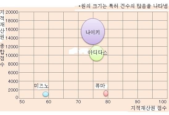 그러나스포츠용품사들이보유한기술을중요도관점에서분석해보면아디다스가나이키보다우위에있음을알수있음 - 이는나이키의출원건수가많기는하지만, 그중에는점수가낮은기술도많이포함되어있으며, 따라서알짜배기의뛰어난기술군이평가에서묻히는것으로보임 - 한편, 일본특허청에출원된축구화관련특허는 1,441 건으로, 보유기술건수에서미즈노가 103 건으로최다이며, 29