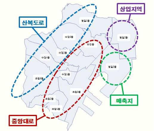 26% 에해당 4개의법정동과 12개행정동 ( 초량1동, 초량2동, 초량3동, 초량6동, 수정1동, 수정2동, 수정4동,