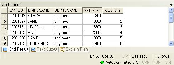 분석함수 (4/6) CHAPTER 5 장. 함수를사용하자. ROW_NUMBER 함수 SQL : 문법 ROW_NUMBER() OVER ( [query_partition_clause] order_by_clause) Query 및결과예제 SELECT -- 부서별급여순위계산하여조회한다. e.emp_id, e.emp_name, d.