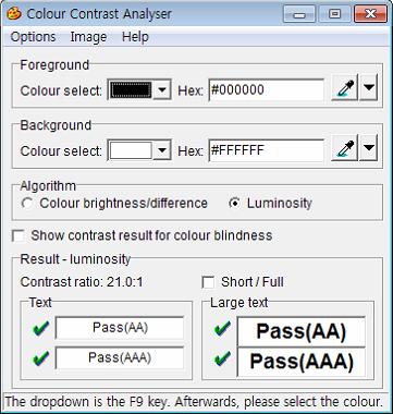1.4.3 점검기준 화면상의모든정보의최소대비가 3:1 이상으로제공한다. 오류유형 글자와배경의명도대비가 3:1 미만인경우 1.4.4 점검방법 방법1. 화면을캡쳐하여 PC로전송한후 CCA 2.2 (Colour Contrast Analyser ver.