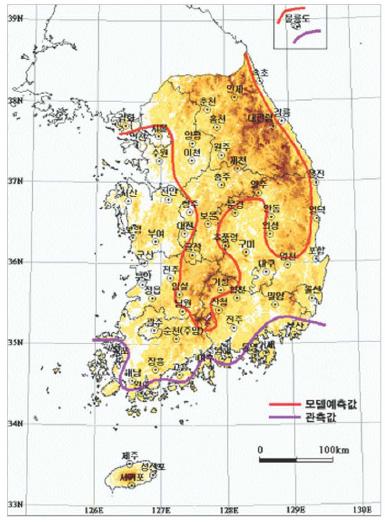 제 3 장문헌연구 91 2071~2100년의아열대기후지역을전망한결과태백산맥과소백산맥을중심으로그주변지역을제외하고는제주도와울릉도를포함하여충청북도지역까지아열대기후지역이확장될것으로예측되었다.