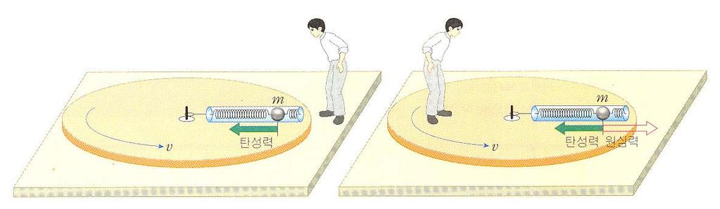 ( 가 ) 회전하는원판밖에서보았을때탄성력이구심력으로작용한다. ( 나 ) 회전하는원판위에서보았을때구심력 ( 탄성력 ) 이평형을이룬다.