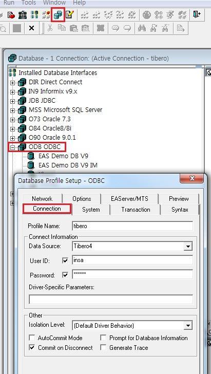 2.2 PowerBuilder Connection 설정 Connection 방법 Database Profiles -> ODB ODBC -> New Profile <Connection sample> Profile Name : tibero Datab Source : Tibero4 <- ODBC Driver 명