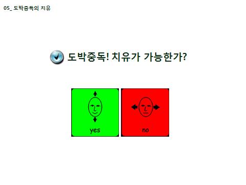 도박중독인식교육 237 5-1. 치유가가능한가? 소요시간 목적 도박중독의치유가능성을확인한다. 강의포인트 도박중독의치료가어려운것은사실이다.