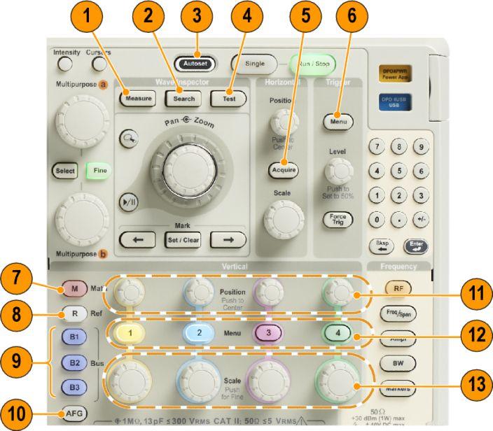 기기에익숙해지기 메뉴버튼사용 메뉴버튼을사용하여오실로스코프의여러기능을수행할수있습니다. 1. 측정. 파형자동측정을수행하고 DVM( 디지털전압계 ) 및파형히스토그램기능에액세스하려면이버튼을누릅니다. 2. 검색. 사용자정의이벤트 / 기준에대한획득을자동으로검색하려면이버튼을누릅니다. 3. 자동설정. 오실로스코프설정의자동설정을수행하려면이버튼을누릅니다. 4. 테스트.
